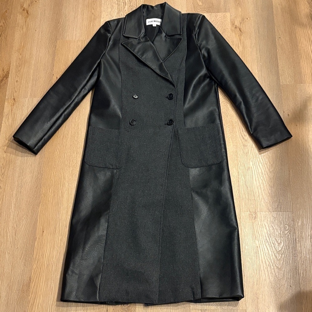 Steve Madden Black Double-Breasted Coat faux Leather Panelling
